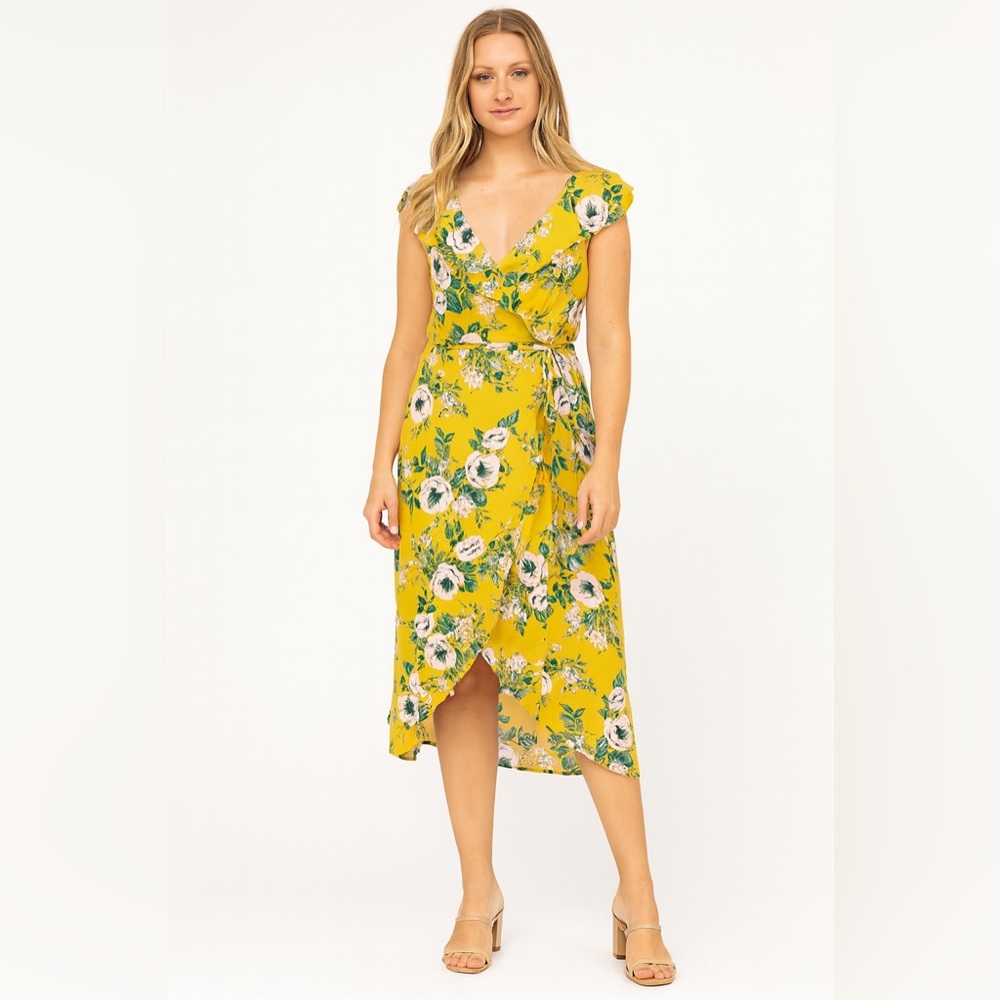 June & Hudson Yellow Floral Midi Ruffle Wrap Summer Dress, Medium